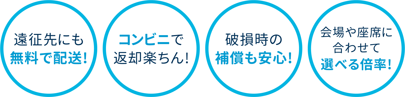 遠征先にも無料で配送!、コンビニで返却楽ちん!、破損時の補償も安心!、会場や座席に合わせて選べる倍率!