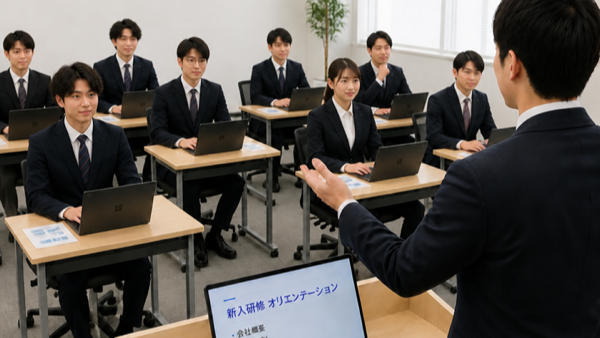 新入社員研修でノートPCを使用する様子