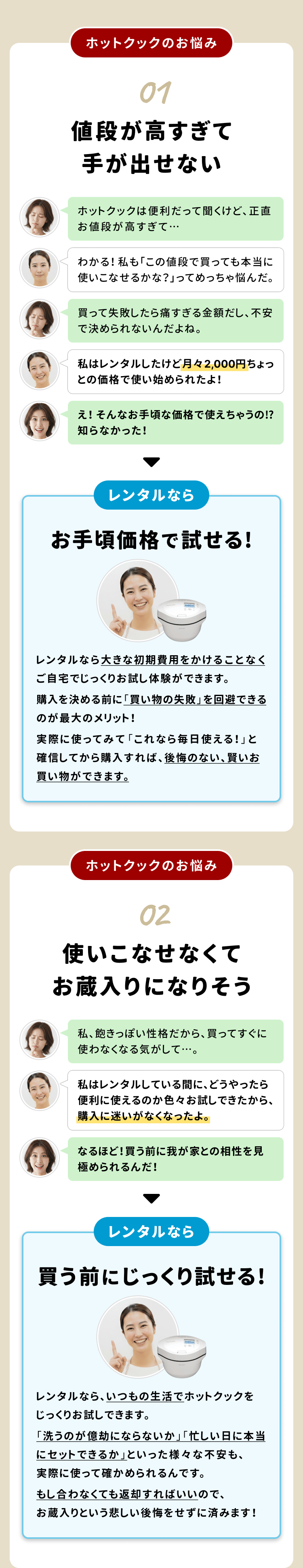 ホットクックのお悩みとレンタルによる解決方法を表した画像